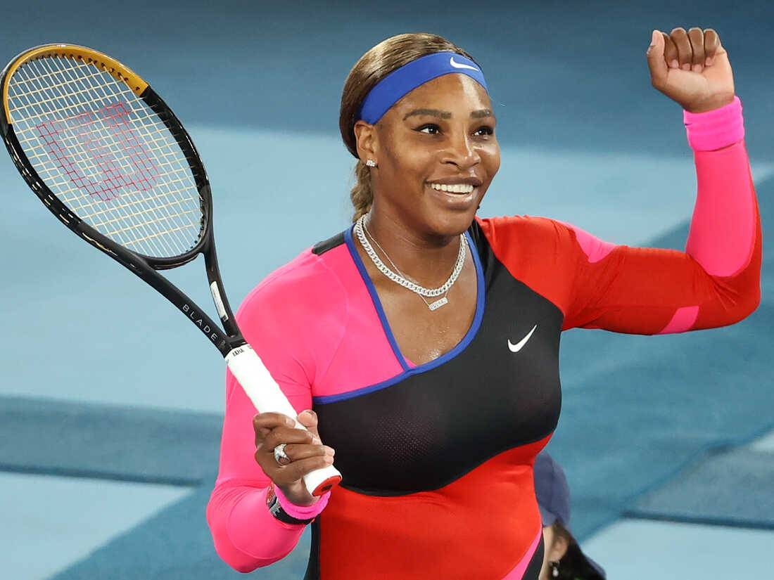 Serena Williams of the US celebrates beating Romania's Simona Halep.